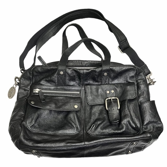 Fossil Black Leather Travel Luggage Bag - Picture 1 of 10
